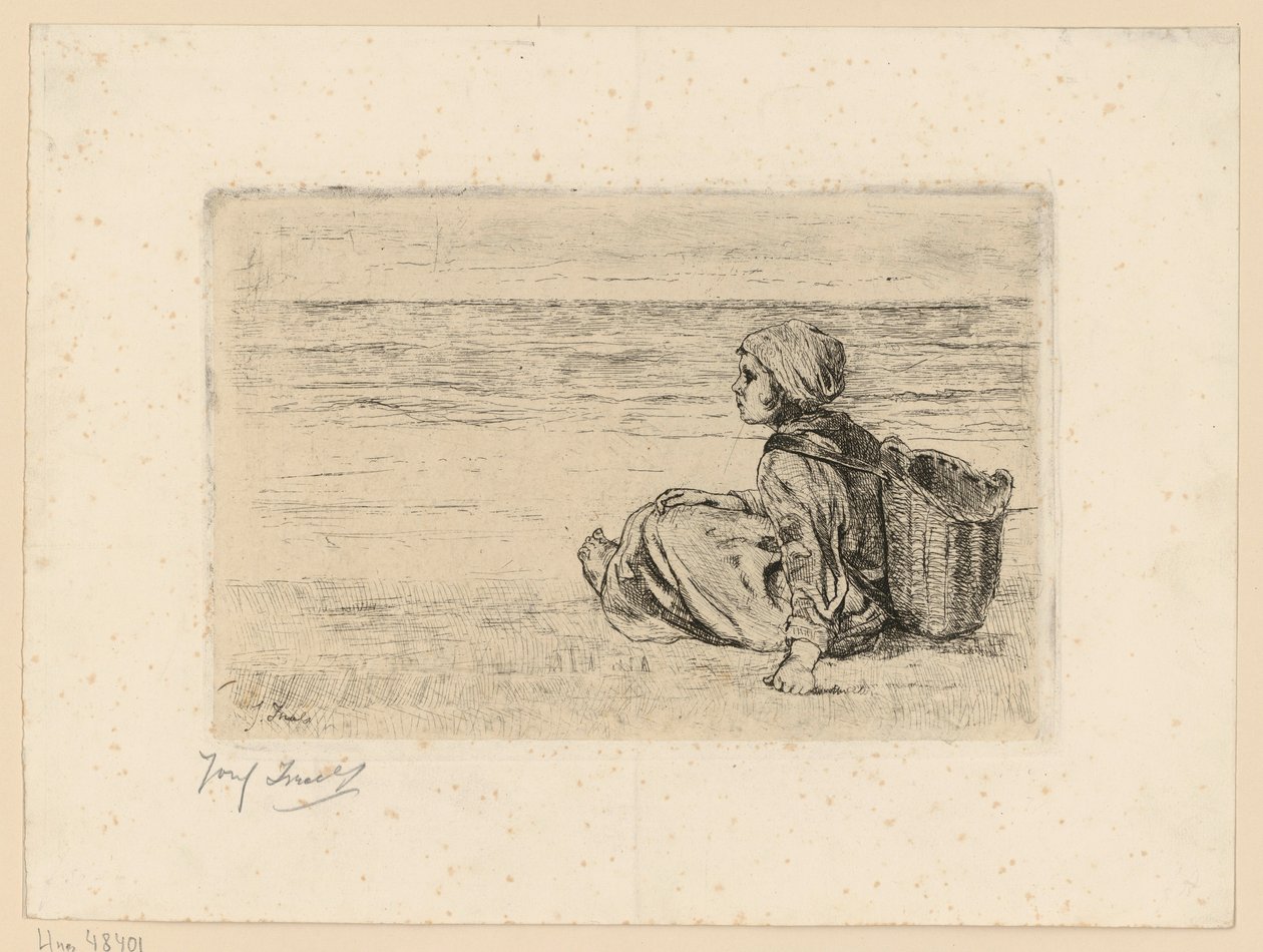 Flicka med en ryggkorg på stranden av Jozef Israëls