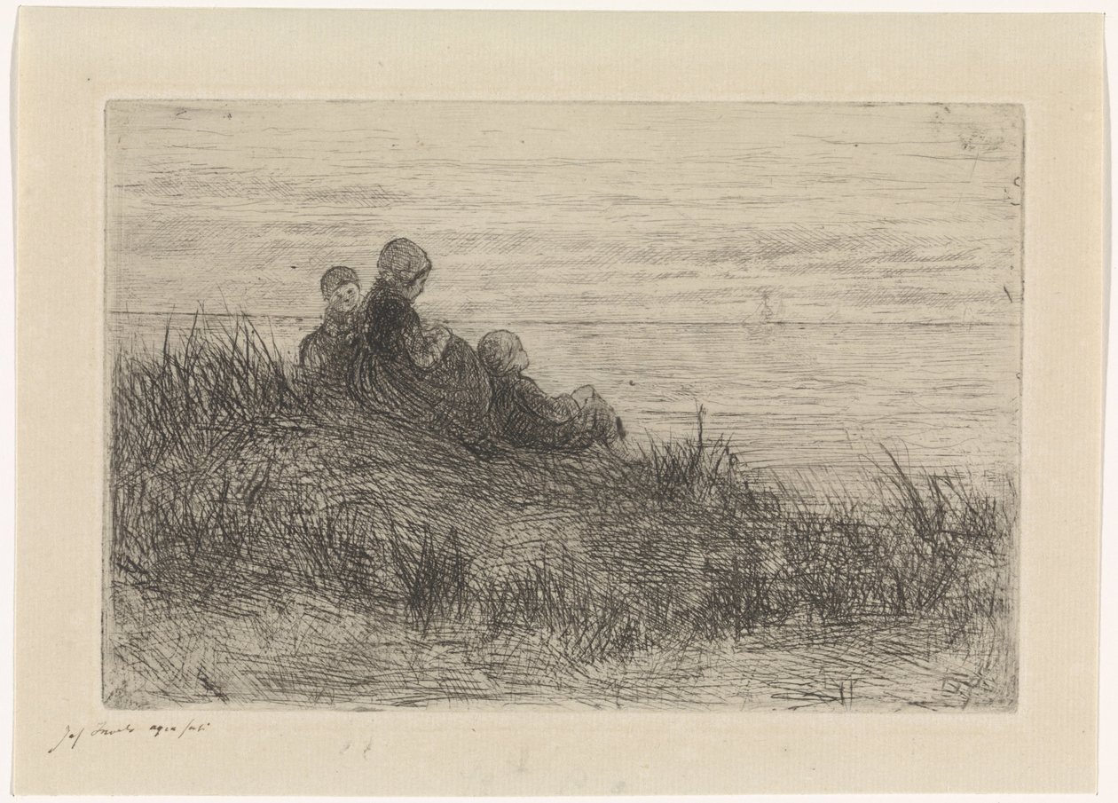 Dynlandskap med mor och barn av Jozef Israëls (signed by artist)
