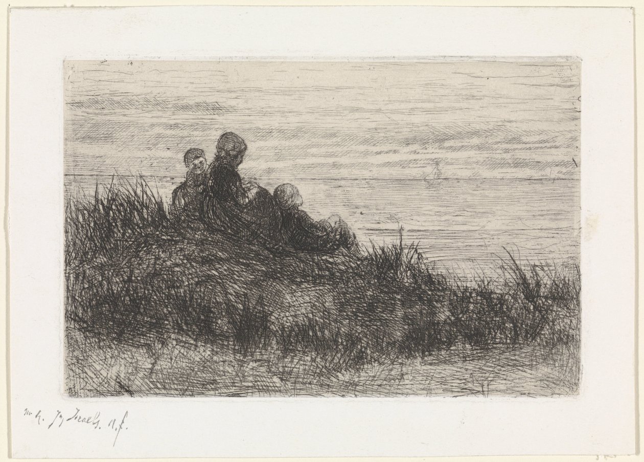 Dynlandskap med mor och barn av Jozef Israëls (signed by artist)
