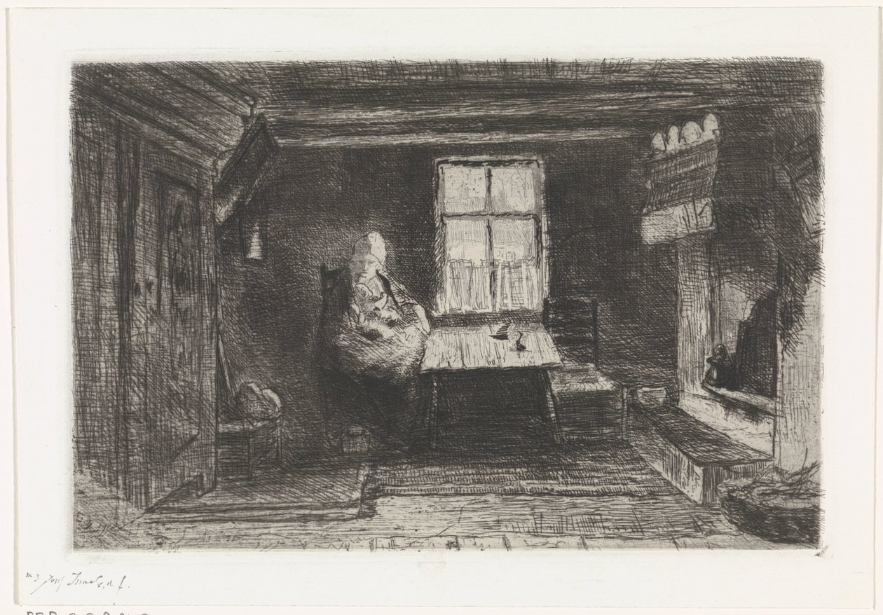 Interiör med mor och barn av Jozef Israëls (signed by artist)