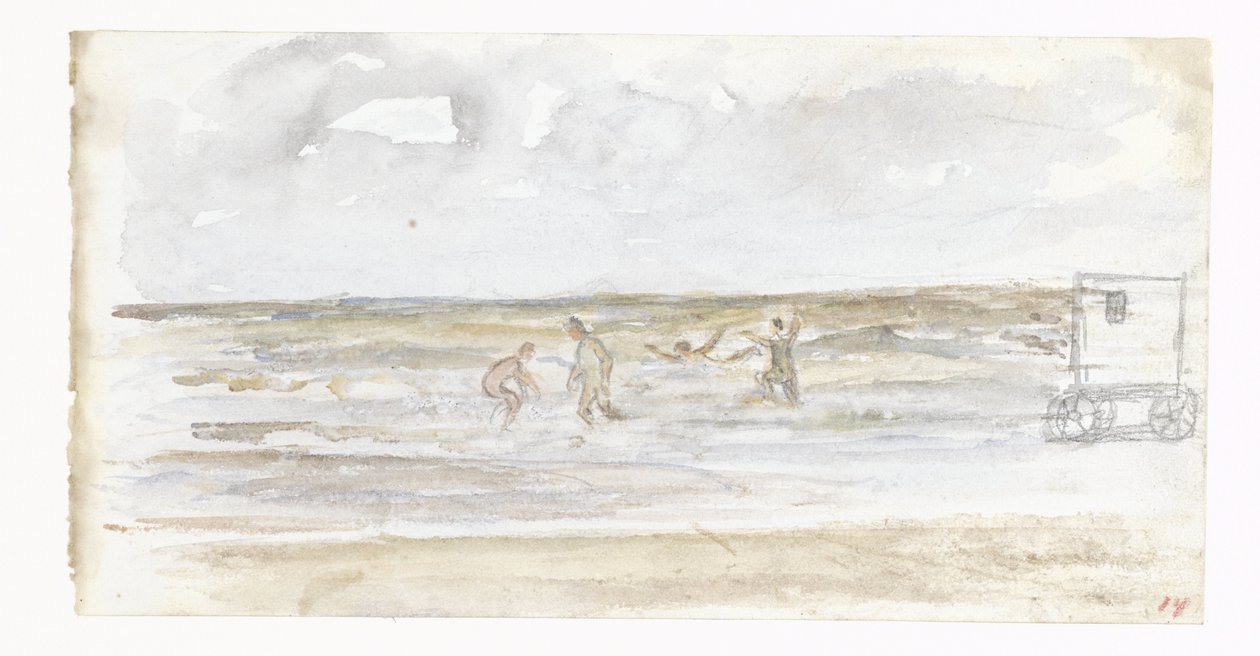 Badande i havet och en strandvagn av Jozef Israëls