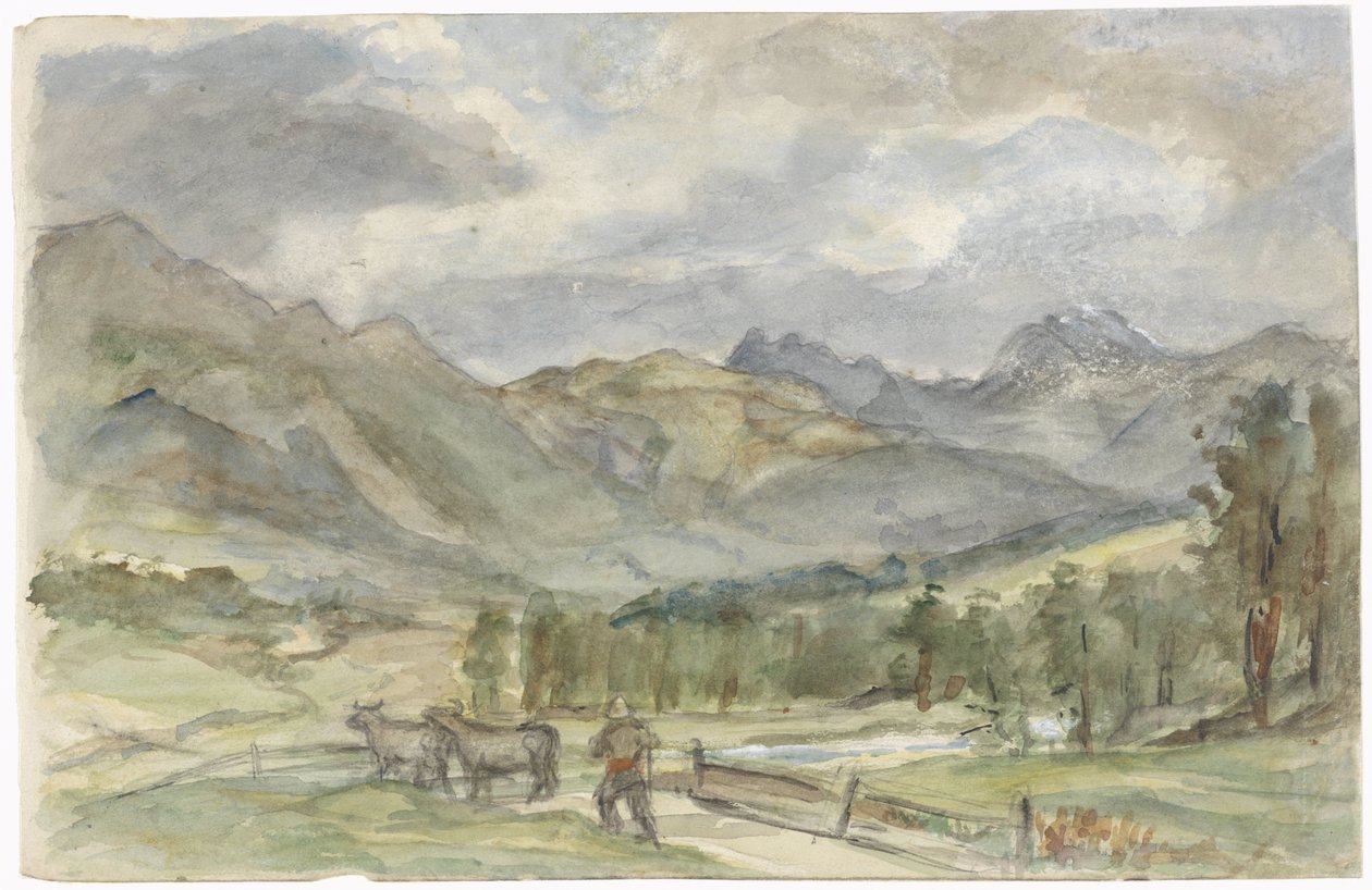 Bergslandskap med herde och två kor av Jozef Israëls