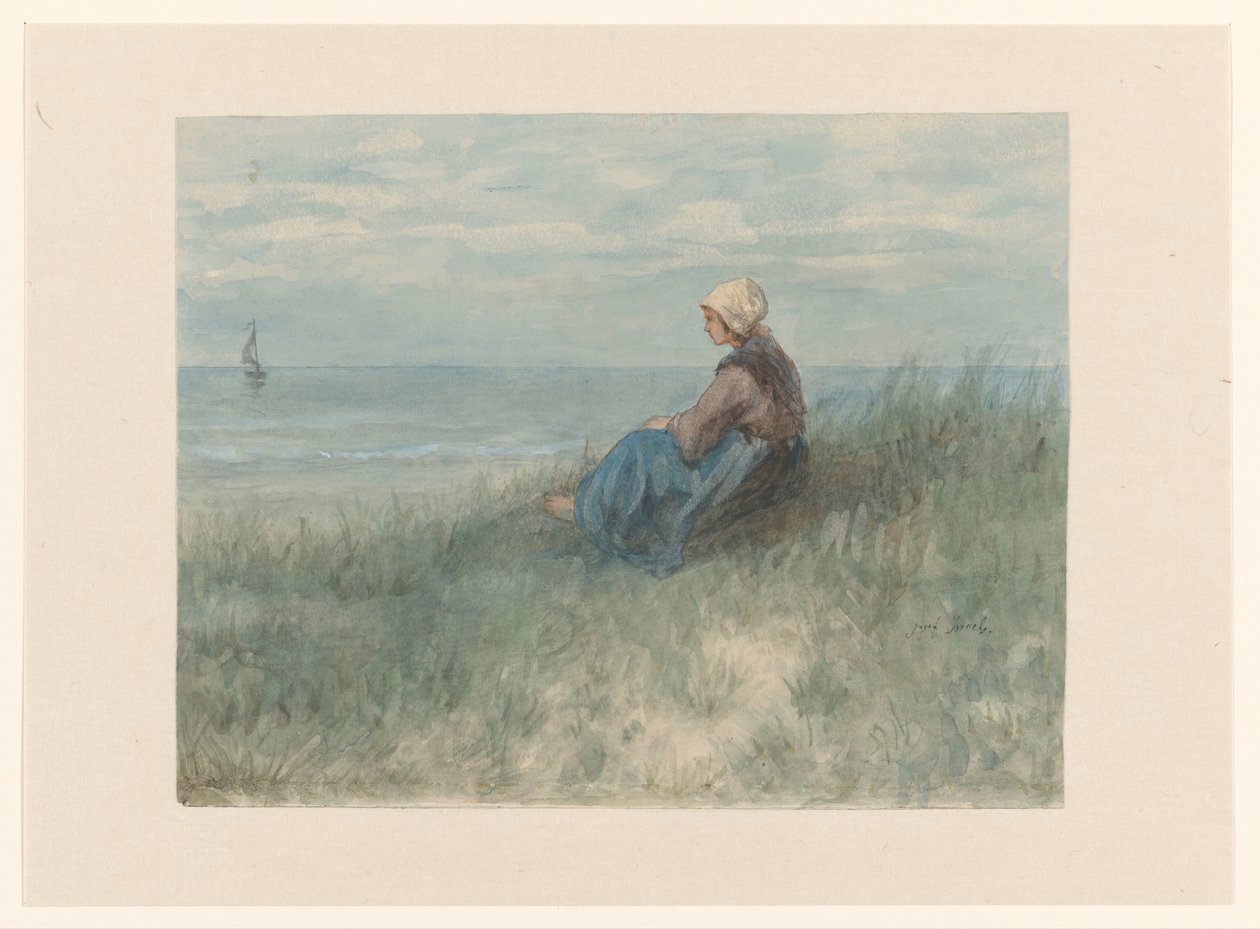 En kvinna sitter på en dyn och tittar ut mot havet av Jozef Israëls