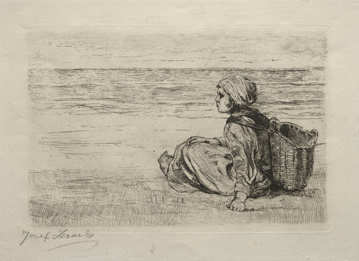 Flicka med korg sittande på stranden av Jozef Israëls