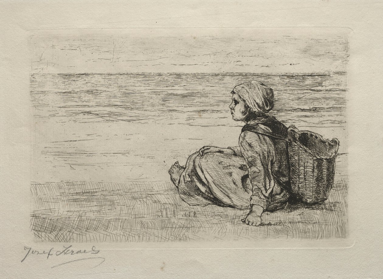 Flicka med korg sittande på stranden. av Jozef Israëls