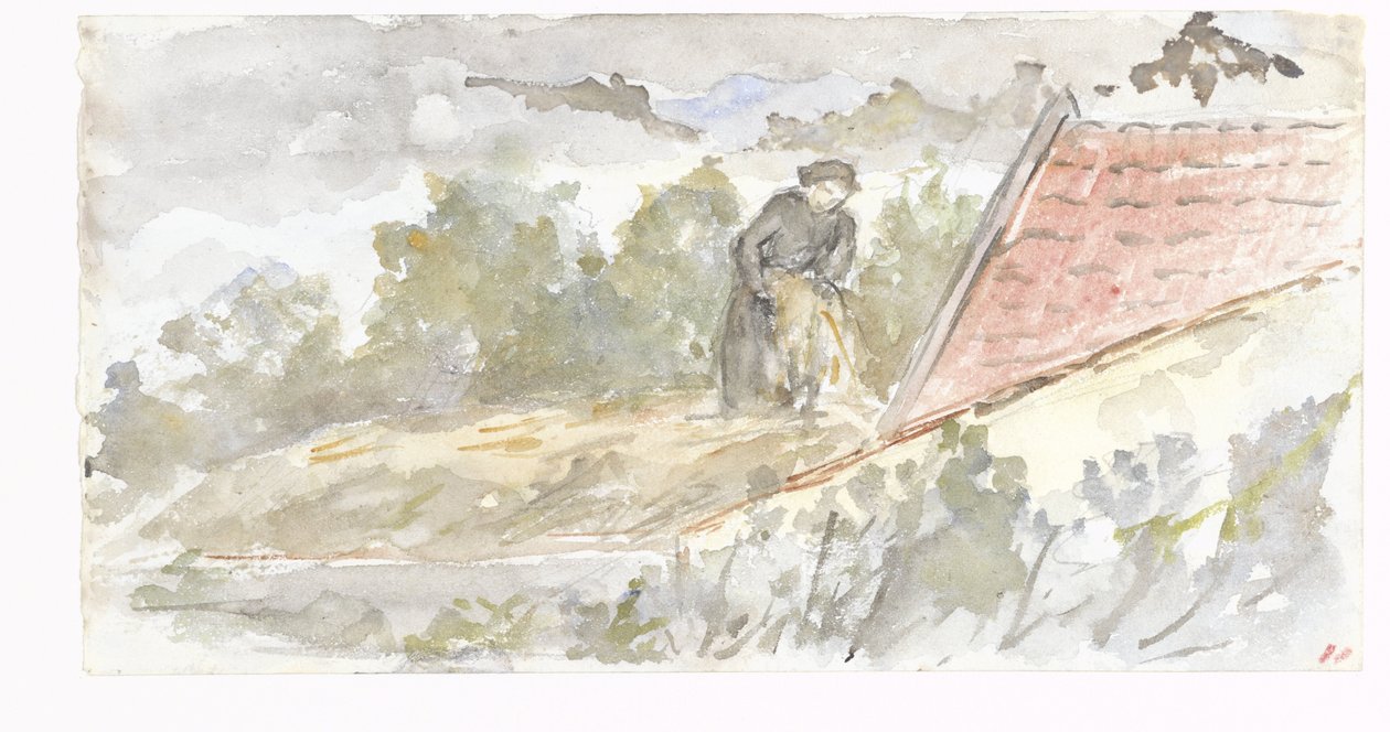 Landskap med kvinna och tak på ett hus av Jozef Israëls