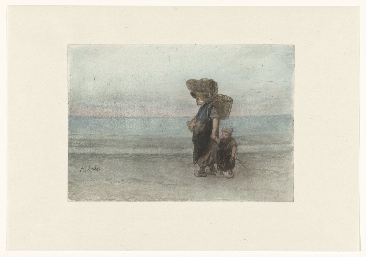 Kvinna med barn som går på stranden av Jozef Israëls