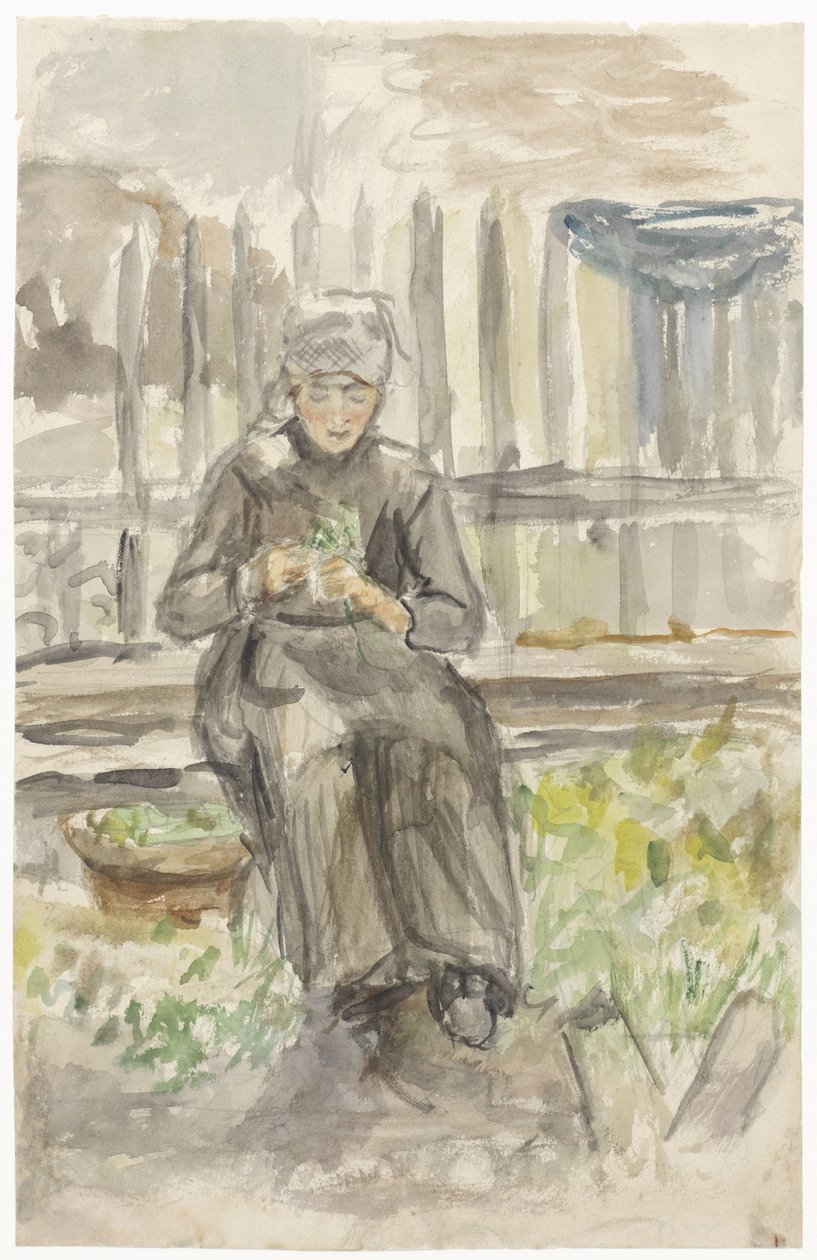 Flicka sitter i en trädgård av Jozef Israëls