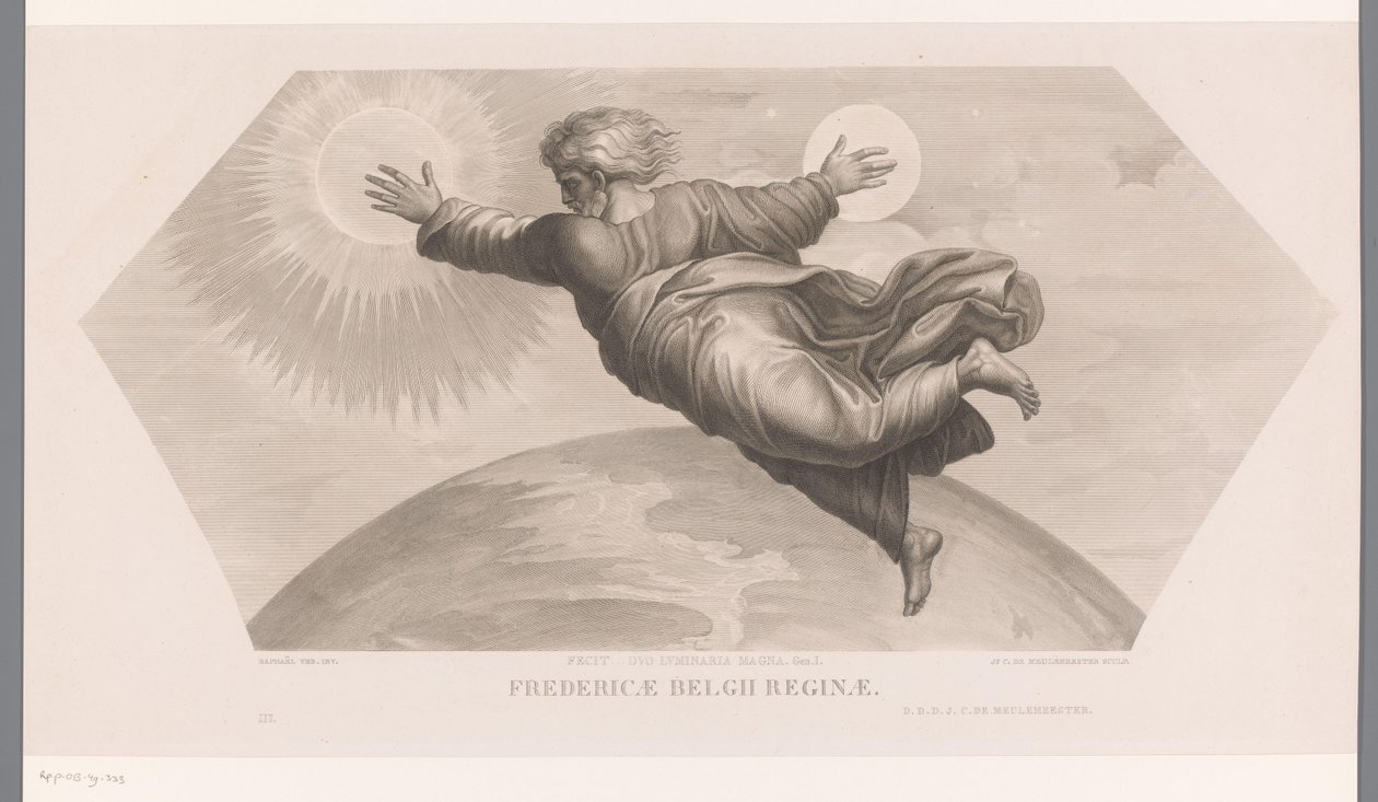 Gud skapar solen och månen Fecit duo luminaria magna. gen. I. Fredericae Belgii reginae (titel på objekt) Les loges de Raphaël (...) sujets de la bible (serietitel) Bibliska scener från Rafaels loger (serietitel) av Jozef Karel De Meulemeester