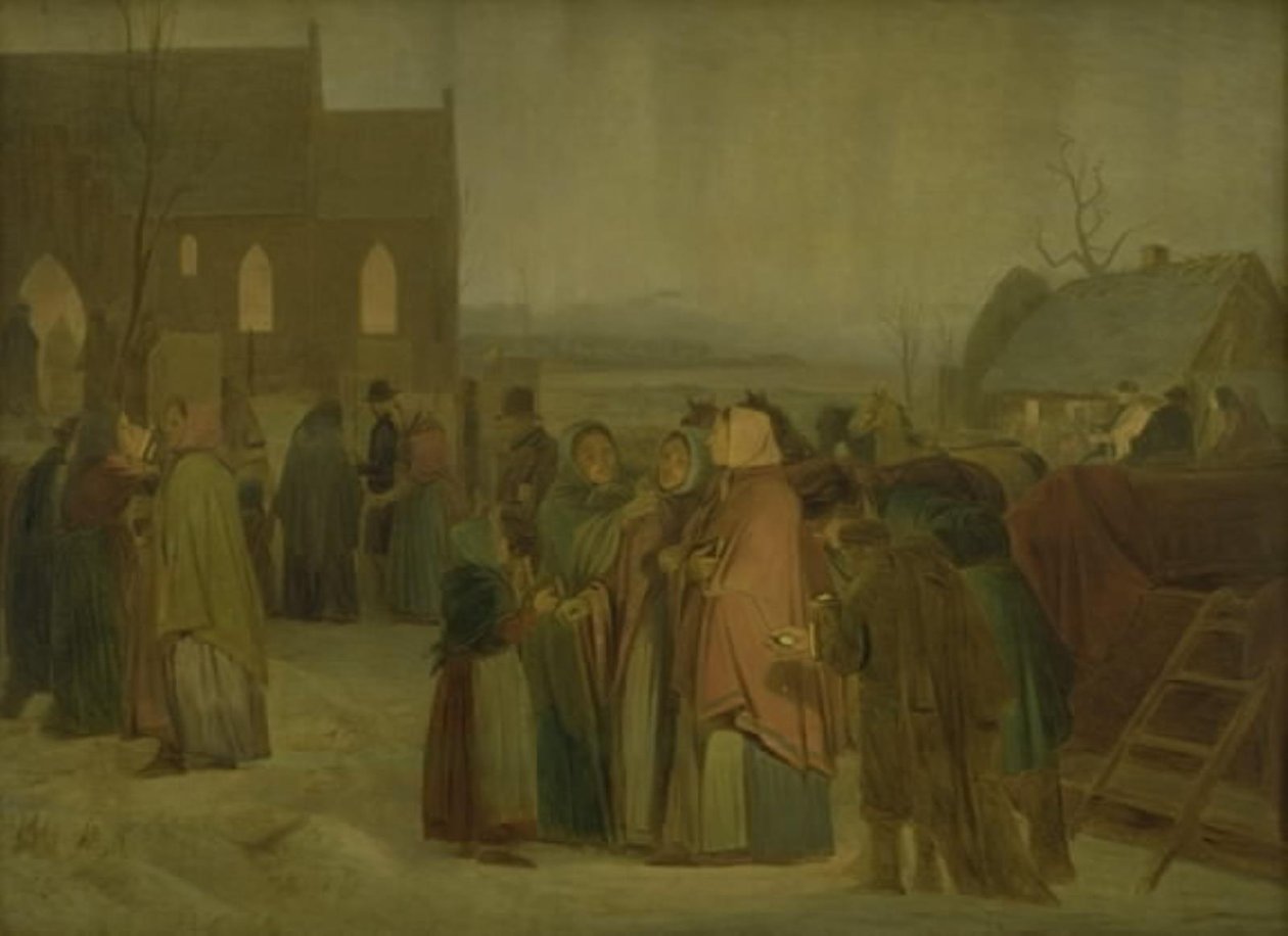 Bönder utanför kyrkan en julmorgon av Jørgen V. Sonne