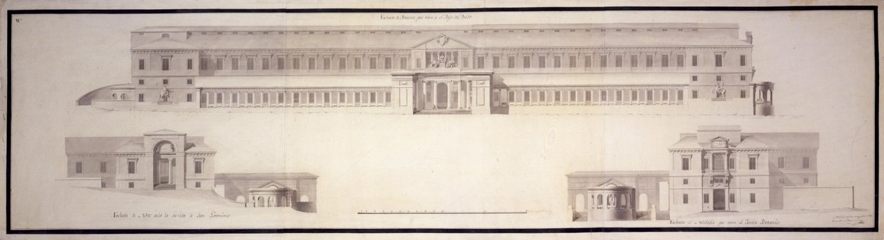 Naturhistoriska kabinettet, nu Pradomuseet. Elevation av huvud- och sidofasaderna (norr och... av Juan de Villanueva