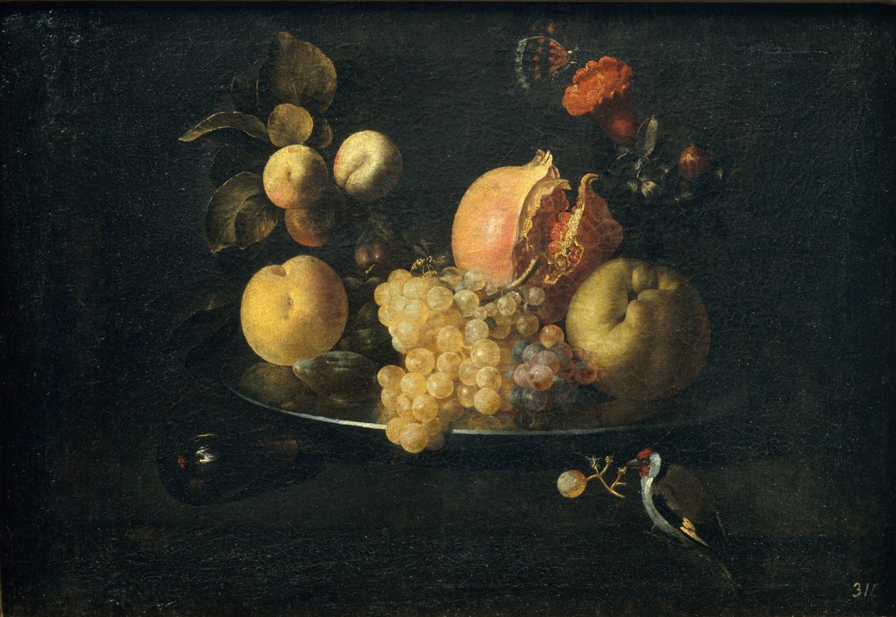 Stilleben med frukt och guldfink av Juan de Zurbaran
