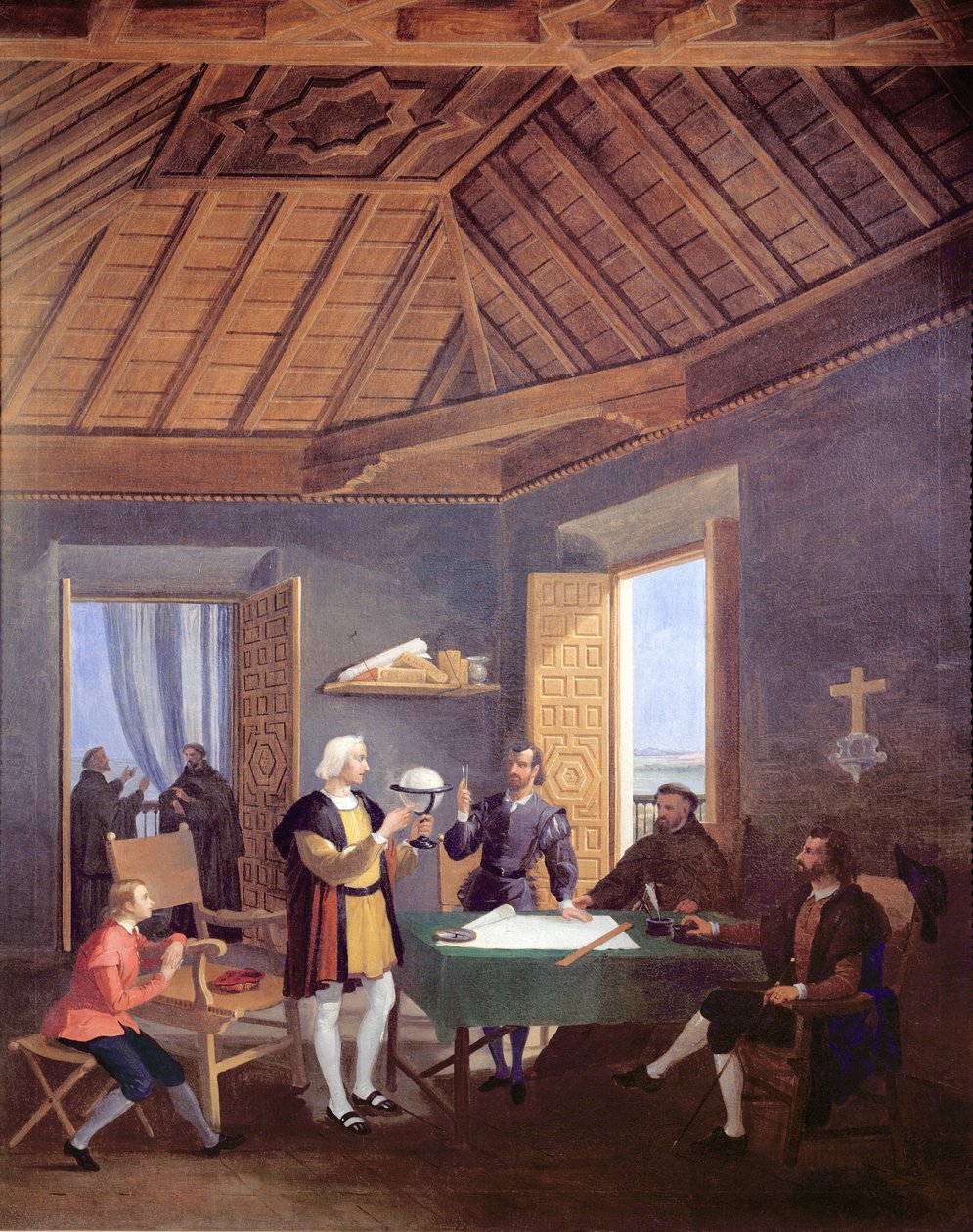 Christopher Columbus, tillsammans med sin son, Diego, förklarar sina utforskningsplaner för prioren av franciskanerklostret Santa Maria de la Rabida, läkaren Garcia Fernandes och Alonso Pinz av Juan Cabral Bejarano