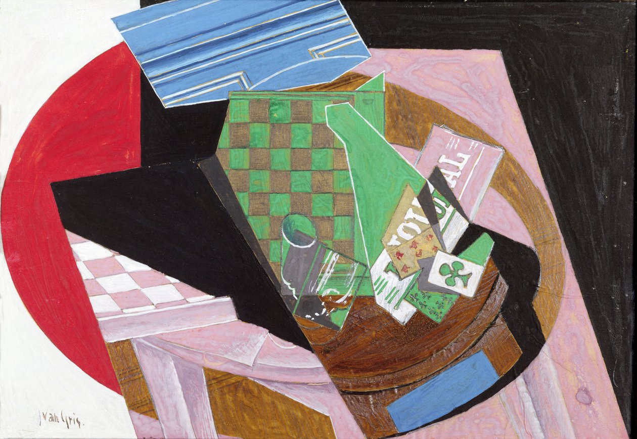 Ritbräda och spelkort (gouache och penna på papper monterad på kartong) av Juan Gris