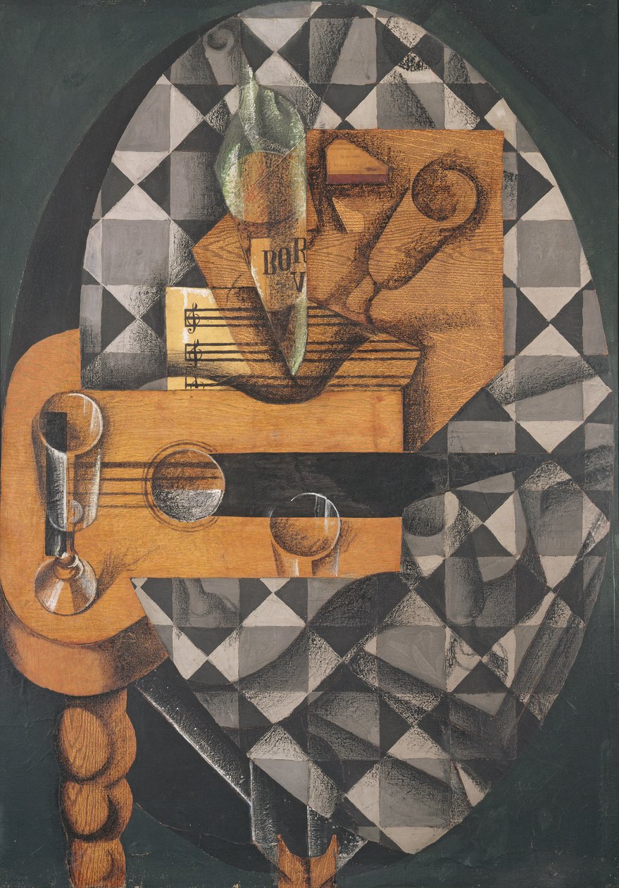 Gitarr, flaska och glas, 1914 (klistrade papper, gouache och krita på duk) av Juan Gris