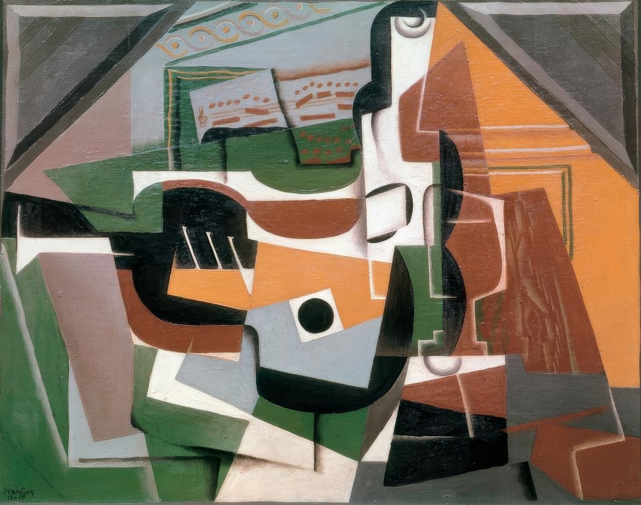 Gitarr, flaska och glas av Juan Gris