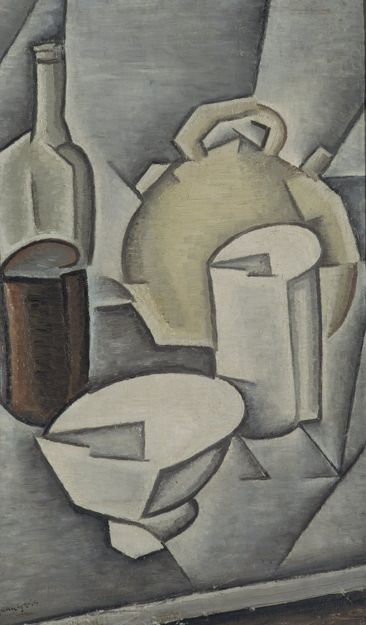 Stilleben med vinflaska och vattenkanna av lergods, 1911 av Juan Gris