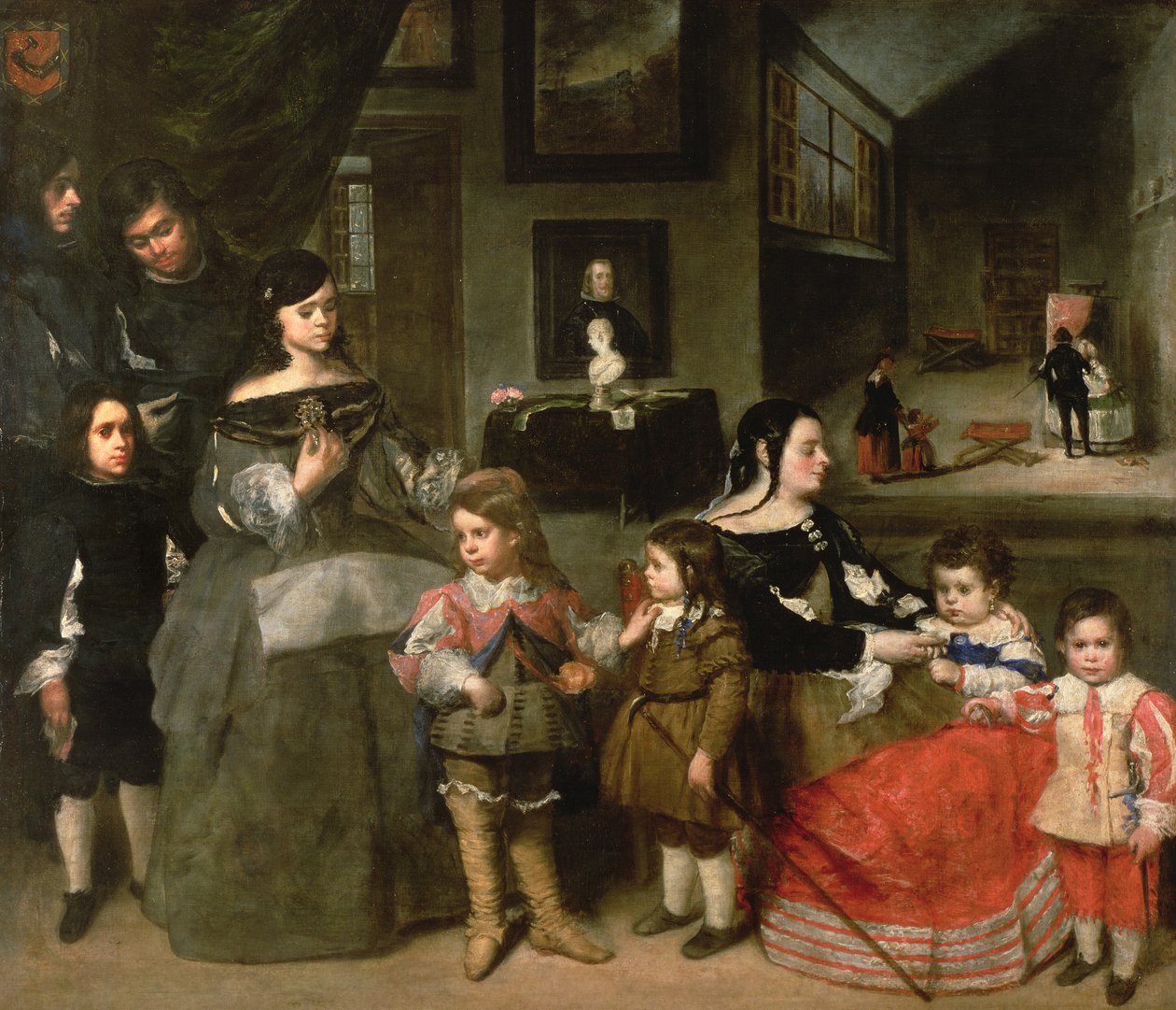 Konstnärsfamiljen, till vänster de fyra barnen från konstnärens första äktenskap med dottern till Diego Velasquez, Gaspar, Melchior, Baltasar och Maria Teresa; till höger hans andra hustru Francisc av Juan Bautista Martinez Del Mazo