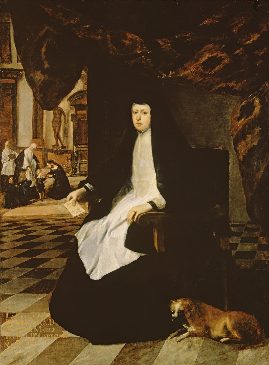 Porträtt av drottning Mariana av Spanien (f.1631) i sorg av Juan Bautista Martinez Del Mazo