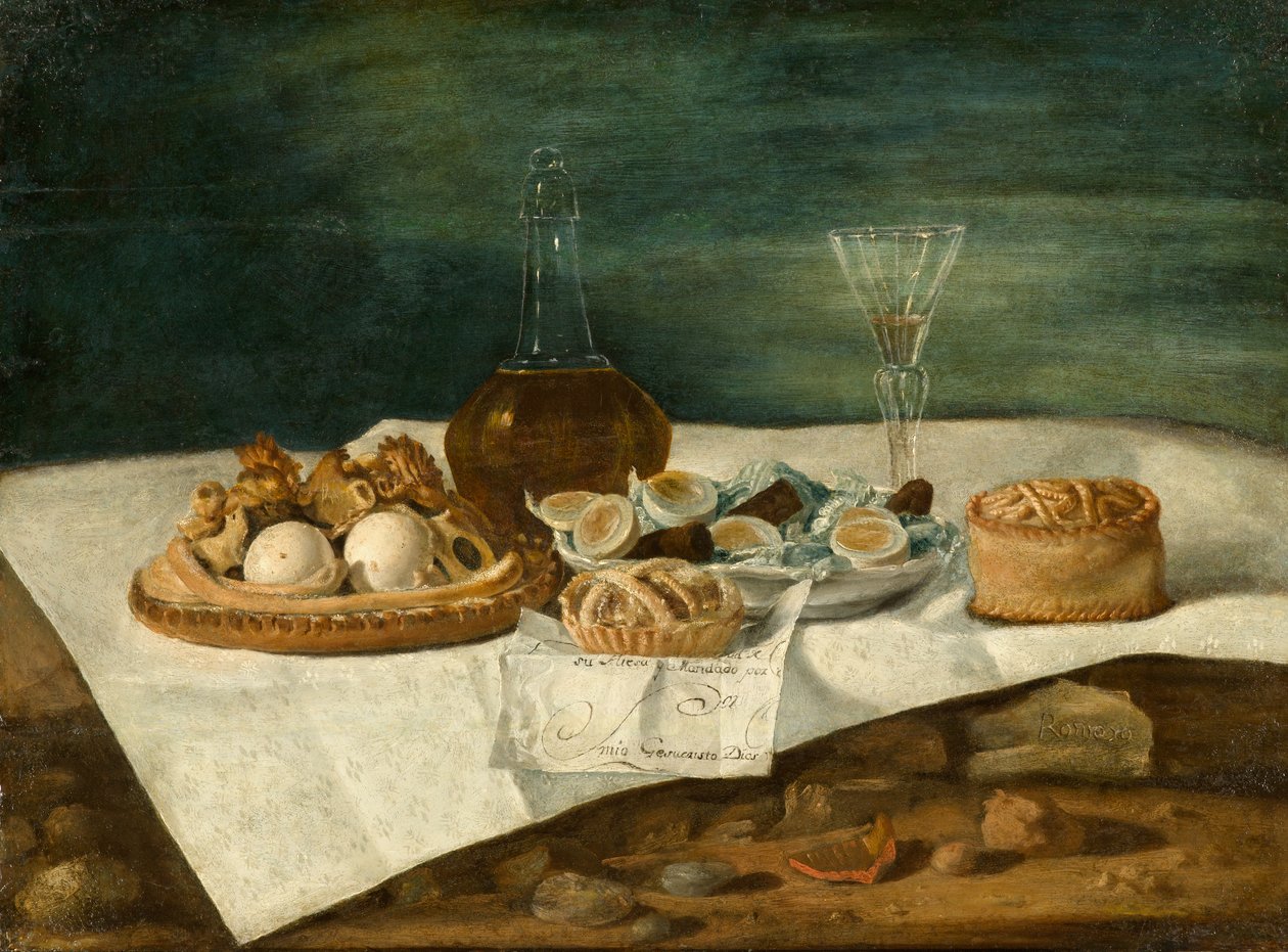 Stilleben med bakverk, vin och ägg, ca 1770-1790 av Juan Bautista Romero
