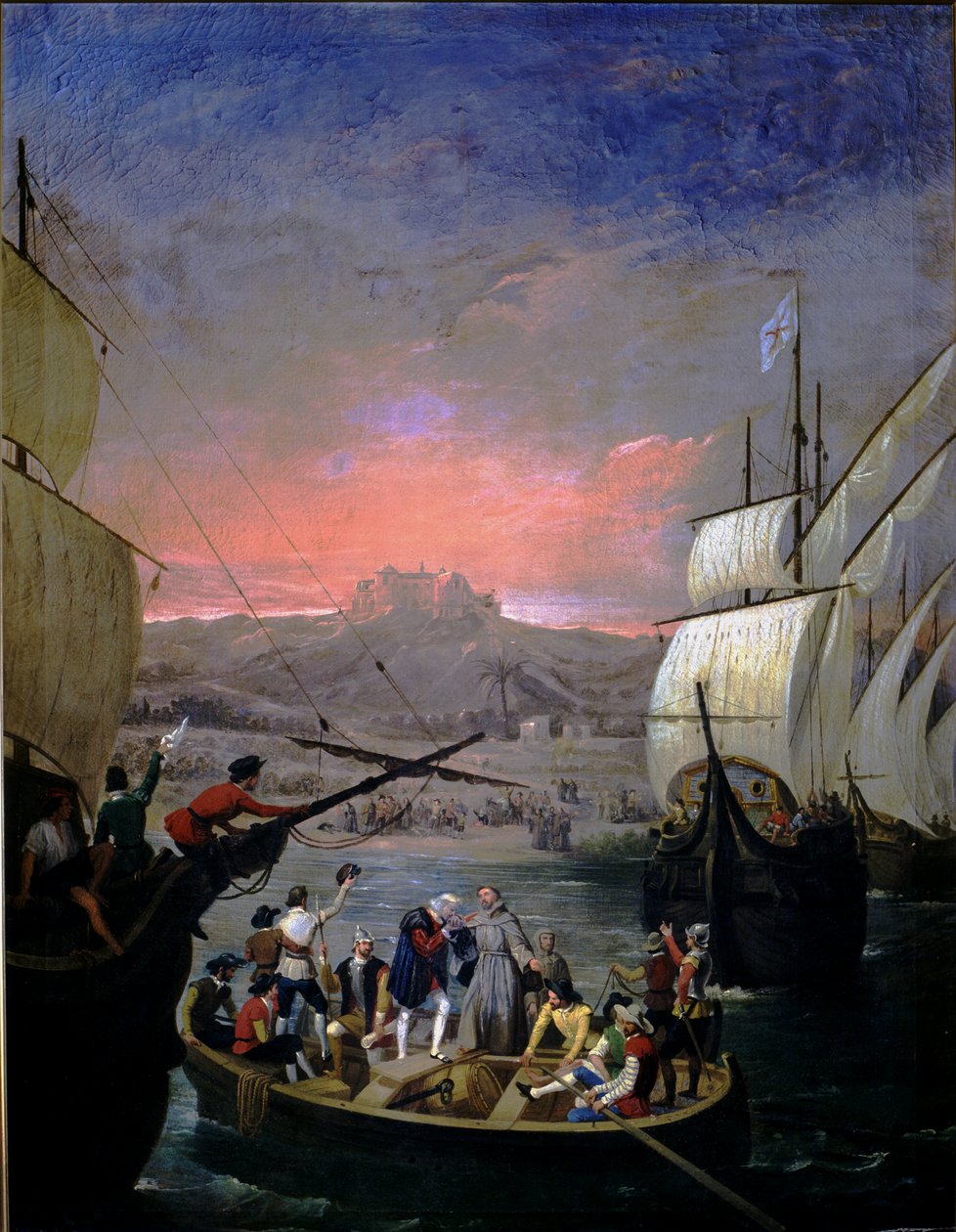 Från 1492 Palos karaveller Santa Maria, Pinta och Nina (olja på duk) av Juan Cabral Bejarano