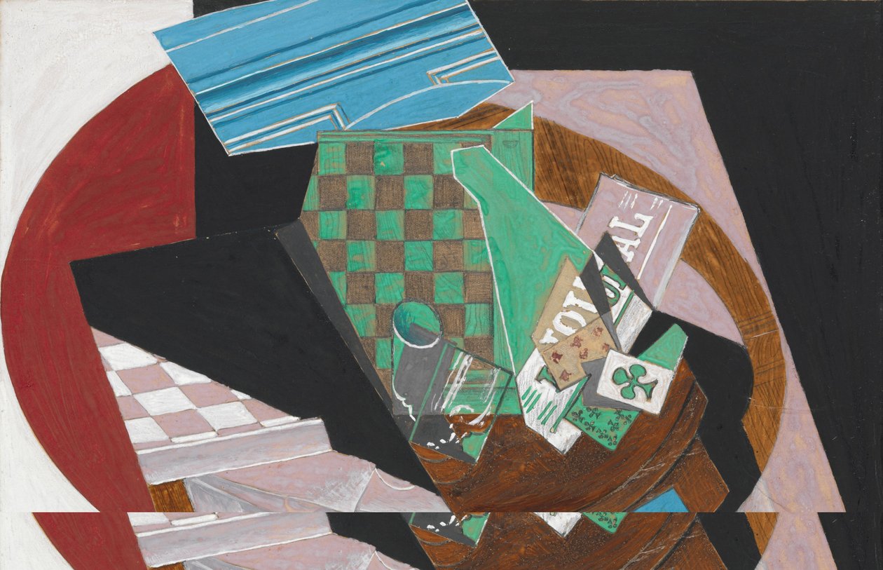 Schackbräde och spelkort, 1915 (gouache, grafit och harts på krämfärgat vävt papper, monterat på kartong) av Juan Gris