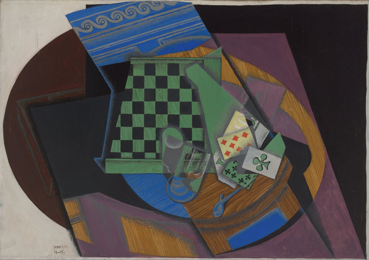 Schackbräde och spelkort, 1915 av Juan Gris