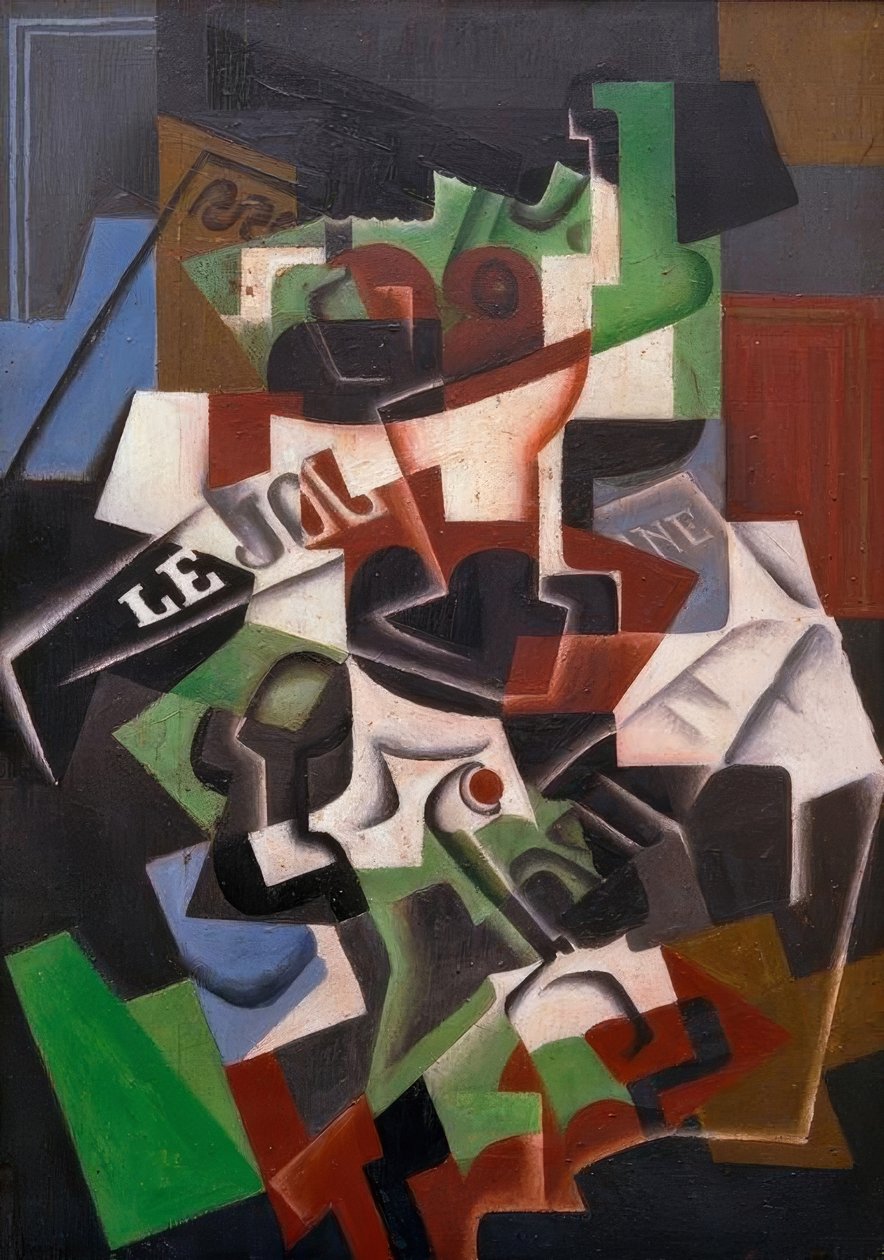 Fruktskål, pipa och tidning av Juan Gris