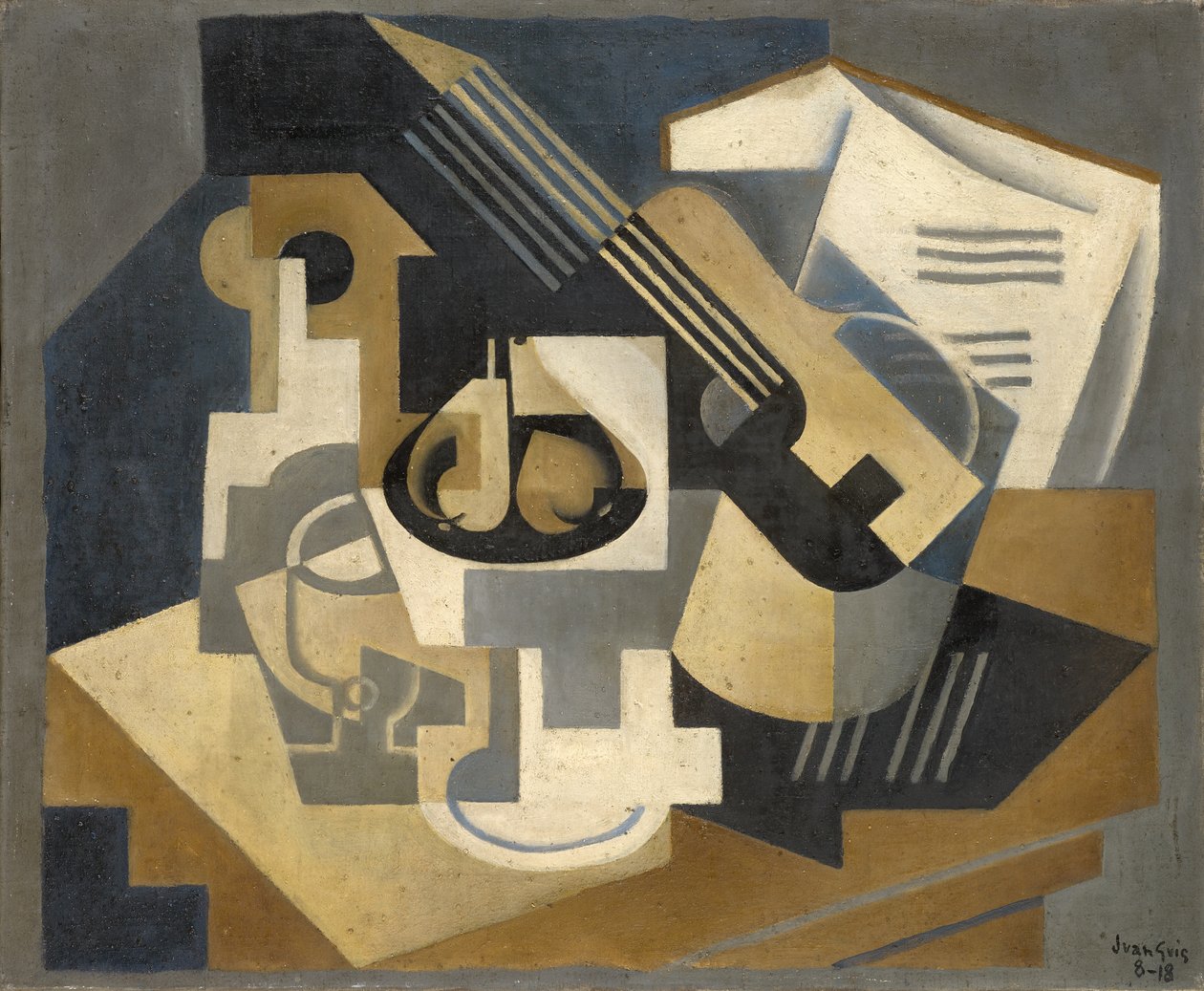 Gitarr och fruktskål på ett bord av Juan Gris