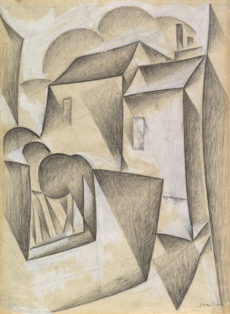 Hus i Paris, Place Ravignan, 1911 (svart krita och gouache på vitt papper) av Juan Gris