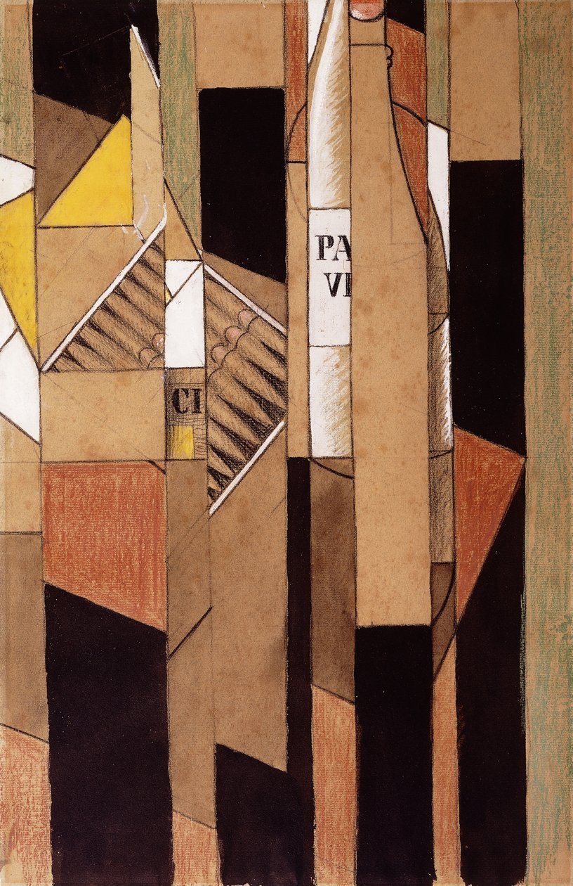 Stilleben med flaska och cigarrer; Stilleben med flaska och cigarrer, 1912 av Juan Gris