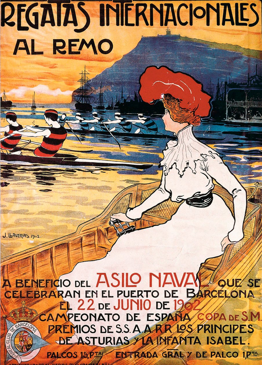 Affisch för ett sportevenemang ""International Rowing Regatta"", illustration av Joan Llaverias i Labro (1865-1938). 1902-06-22. DR av Juan Llaverias Llabro