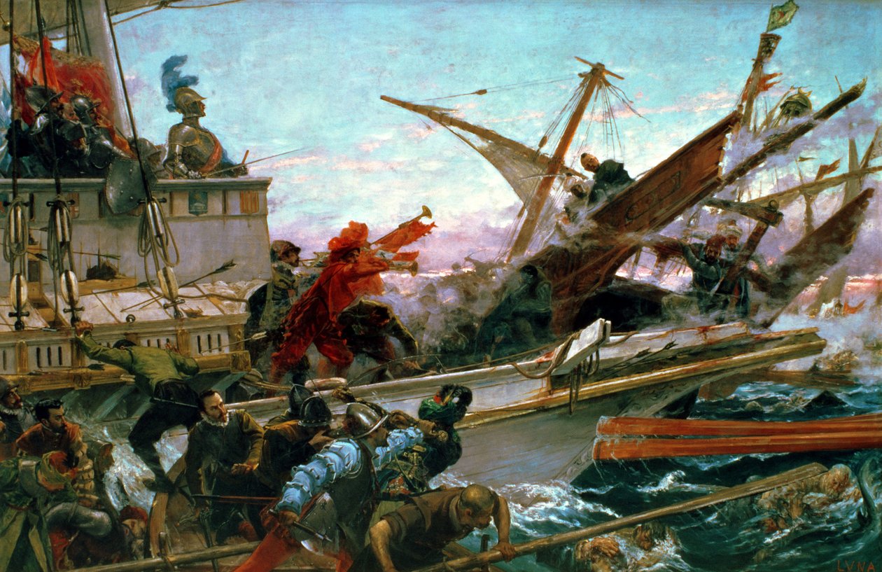 Sjöslaget vid Lepanto, utkämpat av Don John av Österrike (1547-78) 1571 av Juan Luna y Novicio