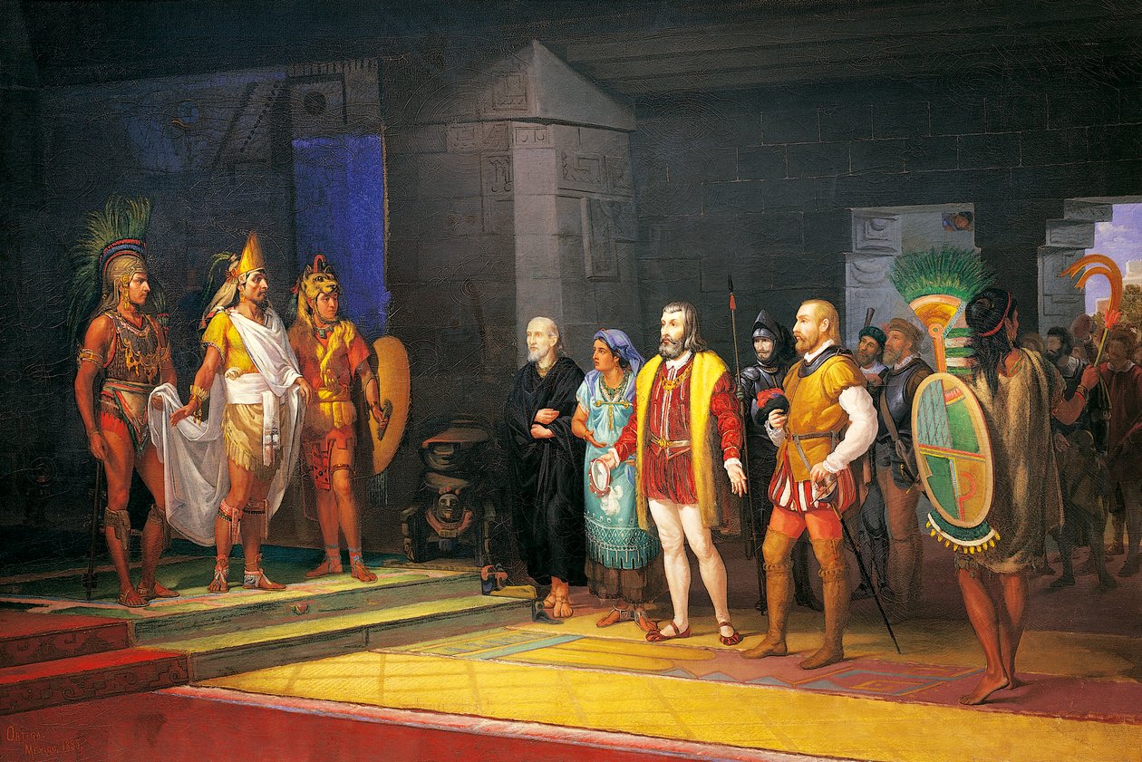 Hernan Cortez möter Montezuma i Mexiko av Juan Ortega