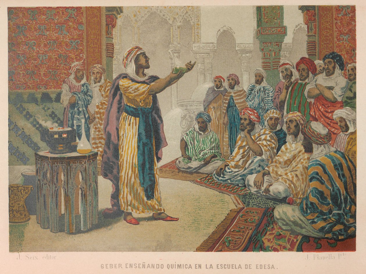 Geber undervisade i kemi vid School of Edessa, 1879. av Juan Planella y Rodríguez