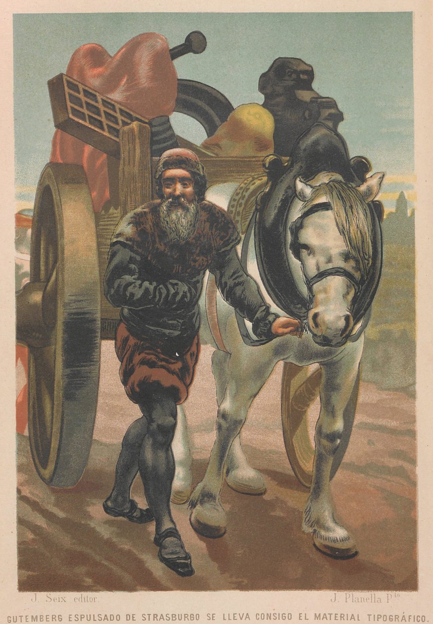 Johannes Gutenberg lämnar Strasbourg. Från: Science and its men, 1879. av Juan Planella y Rodríguez