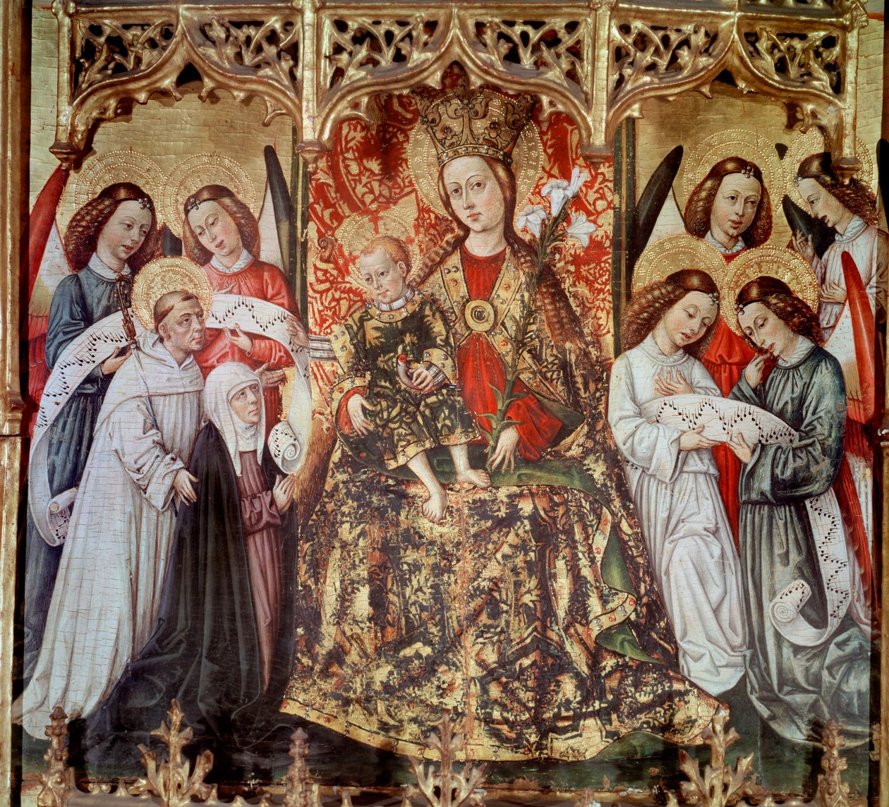 Altartavla av St. Ursula: "" Jungfru och barn med heliga och änglar"" Målning av Joan Reixach (1431-1482) från klostret Santa Maria di Poblet - 1468 (altartavla Santa Ursula, målning av Joan Reixach från klostret Santa Maria de Poblet av Juan Rexach or Reixach