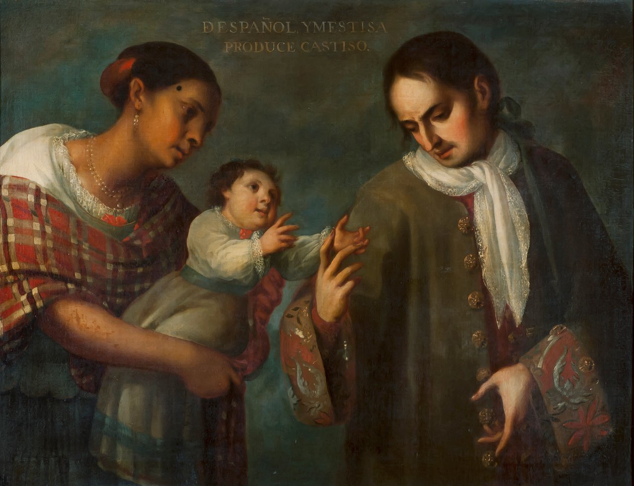 En spanjor och en mestizokvinna med sitt barn, en "Castizo". av Juan Rodríguez Juárez