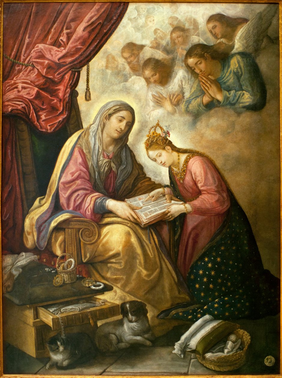 Saint Anne lär sig läsa för jungfrun - Målning av Juan de Roelas (ca 1558/1560-1625), olja på duk, ca. 1615 - Museum of Fine Arts i Sevilla, Spanien av Juan de Roelas
