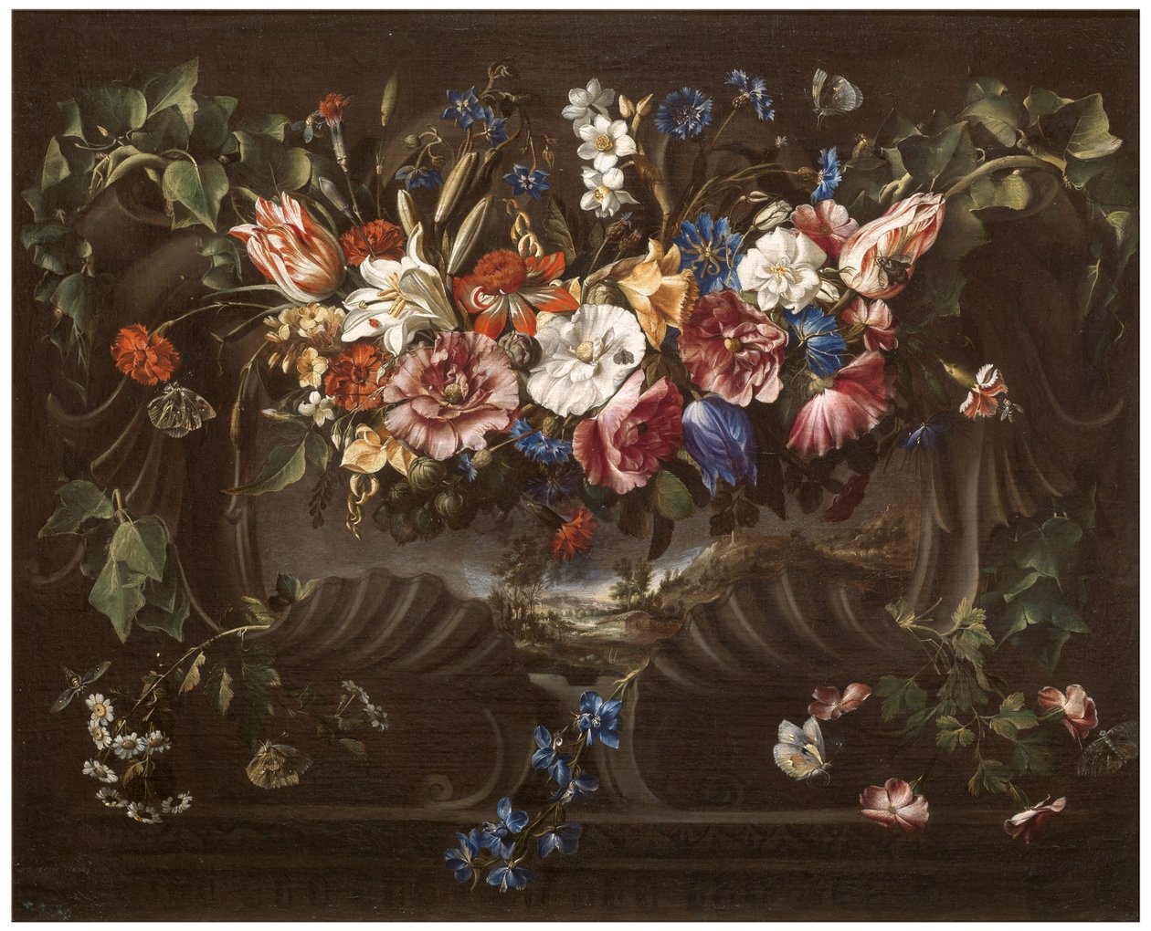 Blomsterkrans med landskap av Juan de Arellano