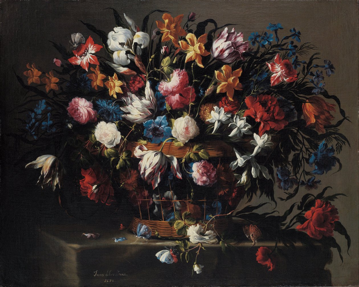 Liten korg med blommor, 1671 av Juan de Arellano
