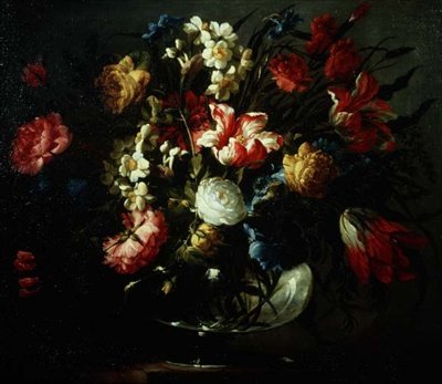 Tulpaner, nejlikor och narcisser i en glasvas av Juan de Arellano