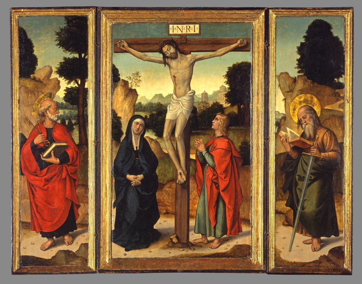 Korsfästelse med jungfrun och de heliga Johannes evangelisten, Petrus och Paulus, ca 1520-1540 av Juan de Borgoña