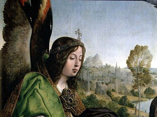 Kristi dop, detalj av en ängels huvud (olja på panel) av Juan de Flandes