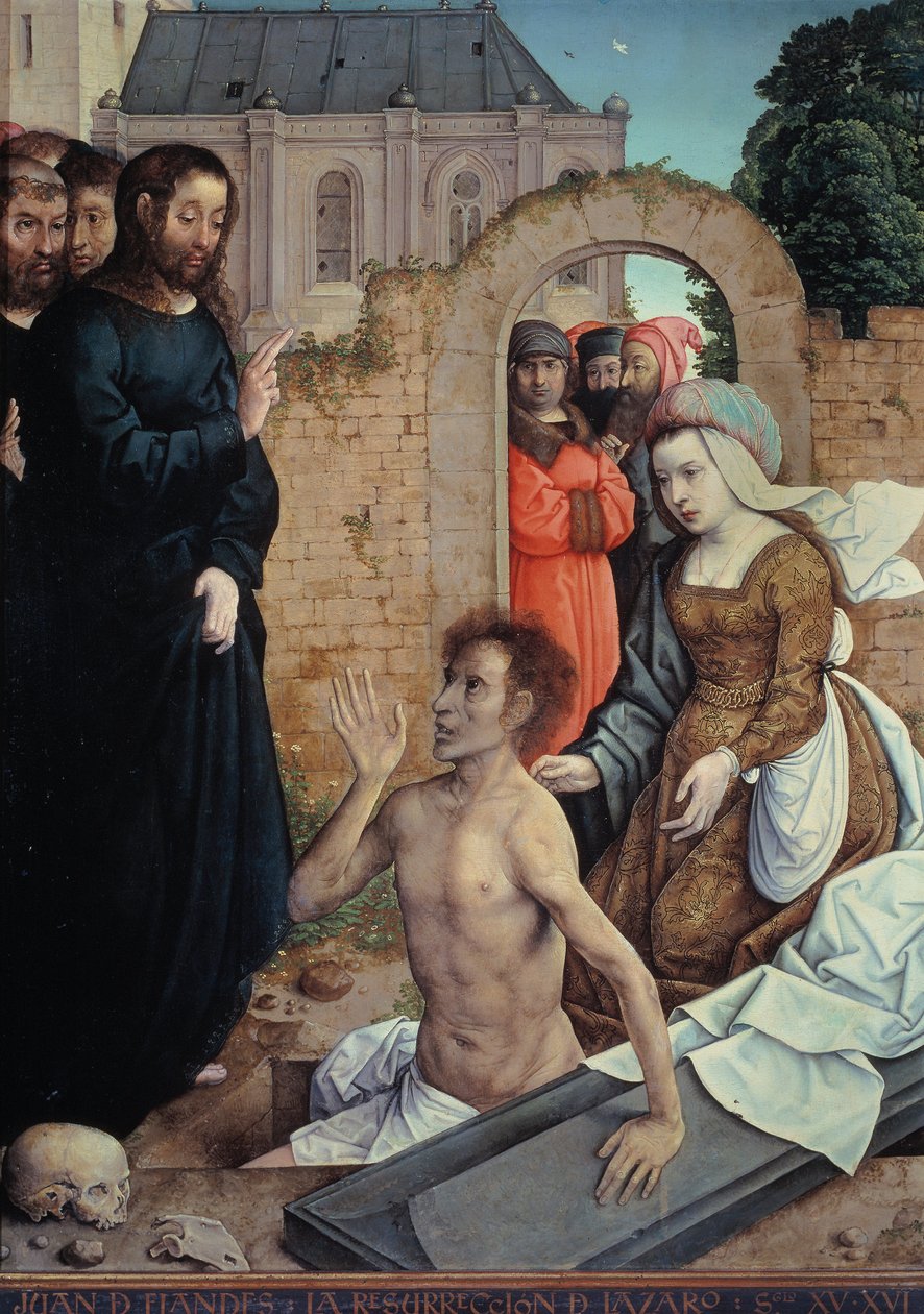 ""La resurrection de Lazare"" (Lazarus uppståndelse) Målning av Juan (Jean) de Flandes (vers 1465-1519) - 1514-1519 Dim 110x84 cm Museo del Prado, Madrid av Juan de Flandes