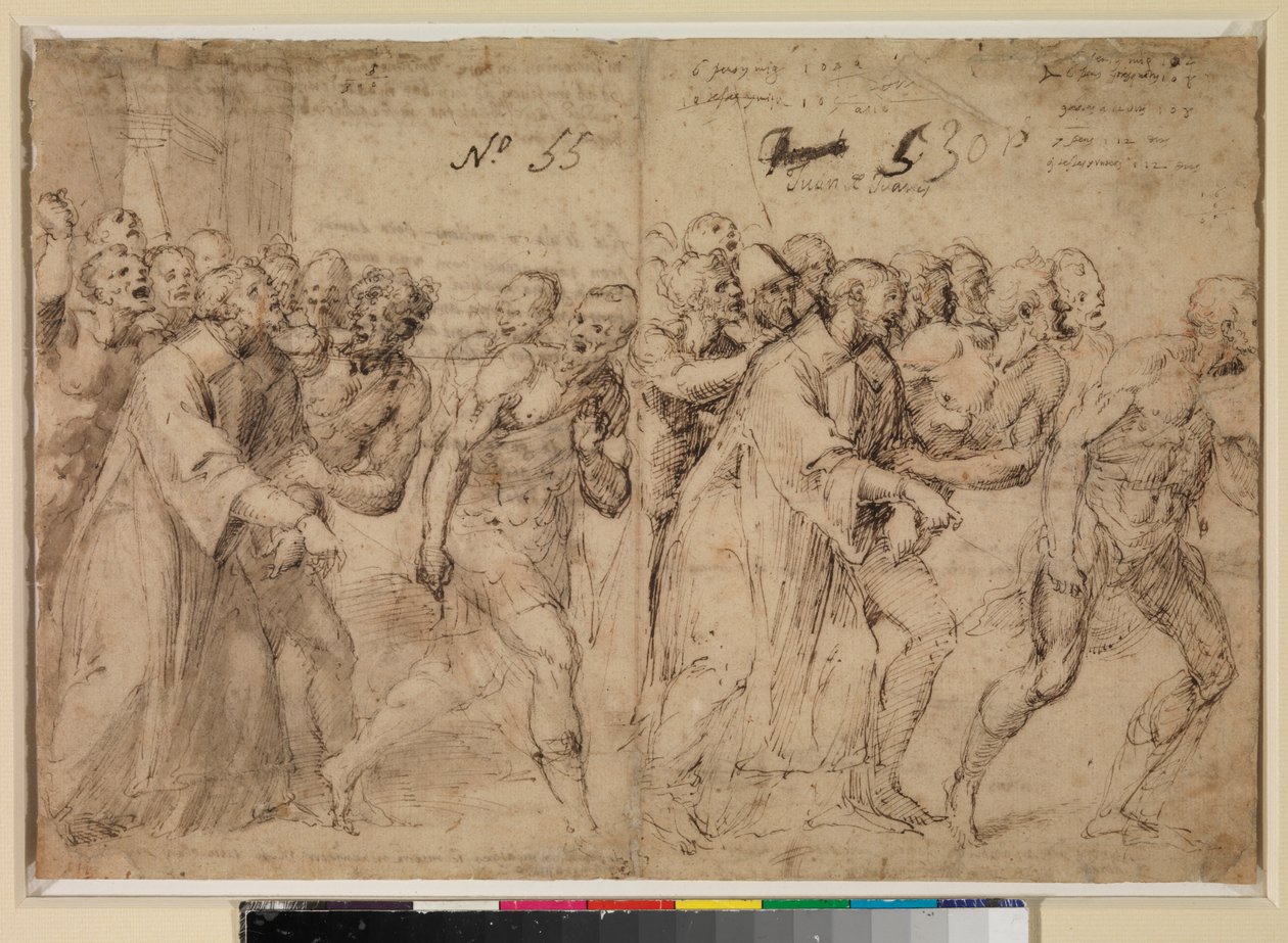 Två studier för "Saint Stephen som leds till sitt martyrskap" (recto), 1556 av Juan de Juanes