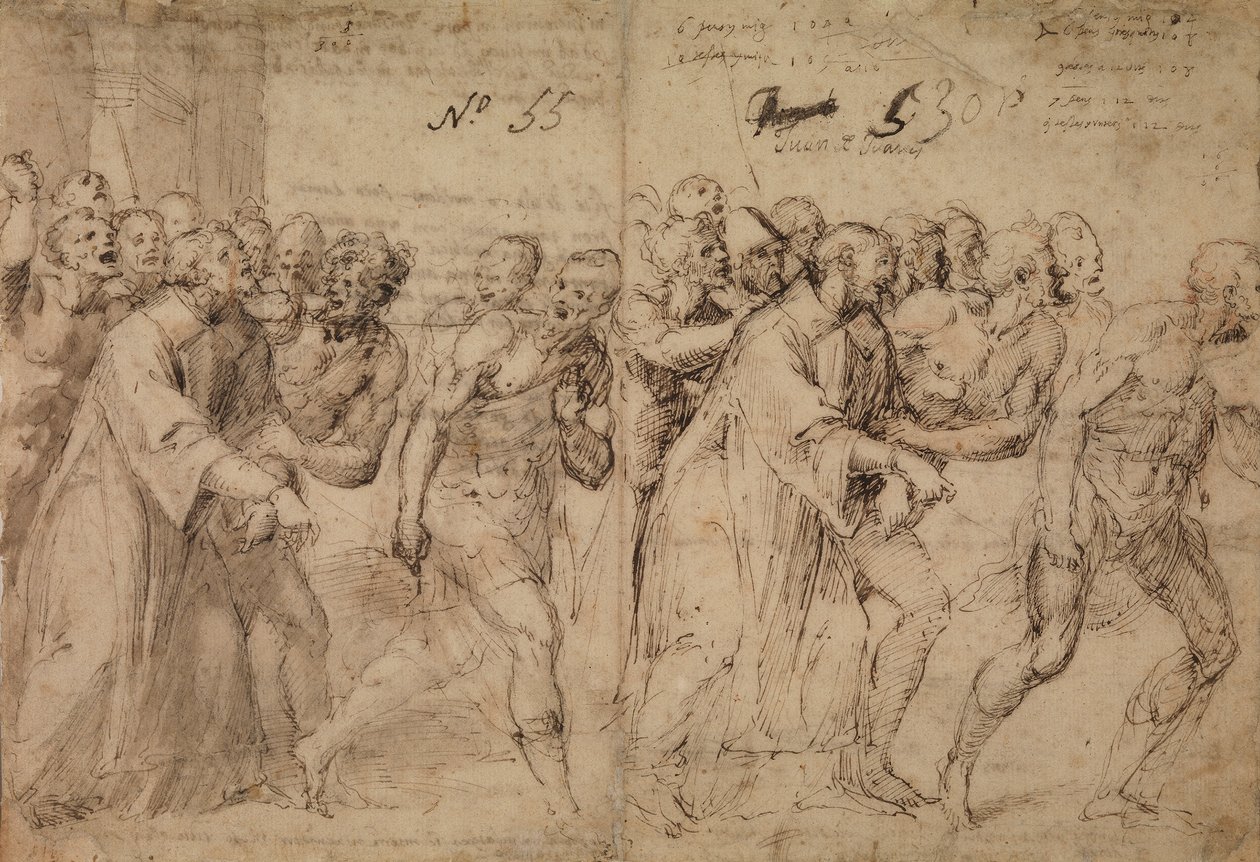 Studie för Saint Stephen Being Led to His Martyrdom, 1566 (penna & brunt bläck, grått tvätt och (senare?) spår av röd krita på papper) (recto) av Juan de Juanes Juan de Juanes