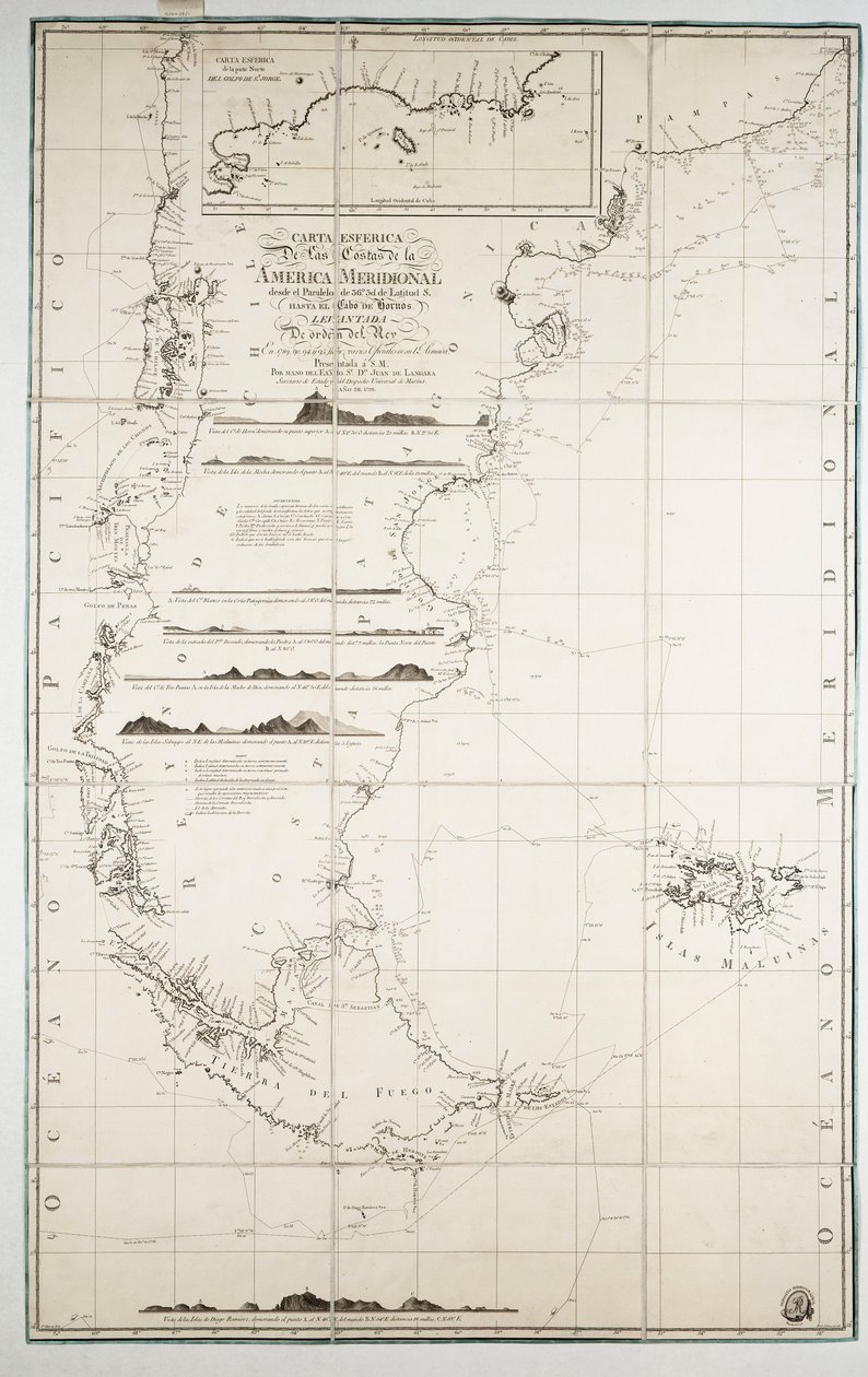 Karta över Chile, Patagonien, Eldslandet och Falklandsöarna, ca 1798 (gravyr) av Juan de Langara