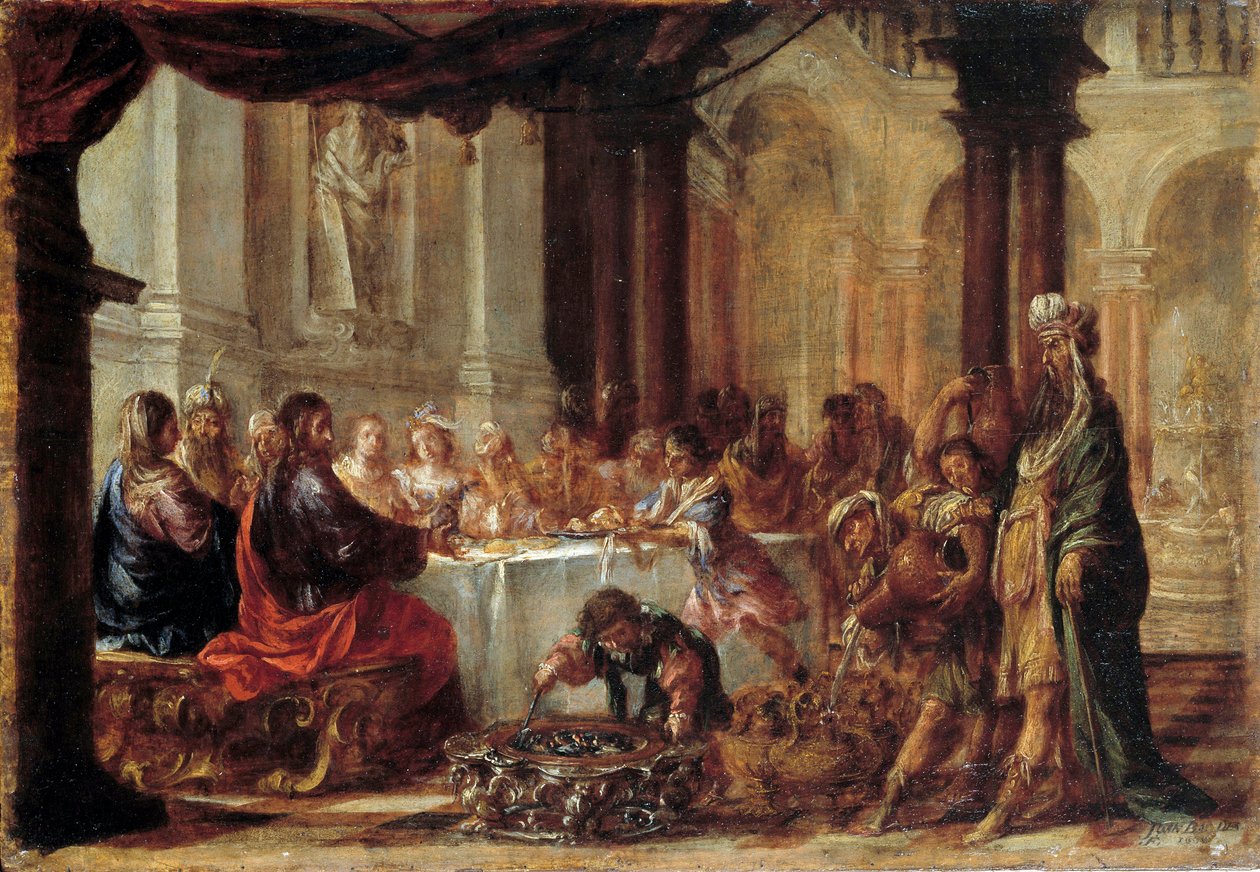 Les Noces de Cana Målning av Juan Valdes (1622-1690) 1660 sön. 0,23x0,34m av Juan de Valdes Leal