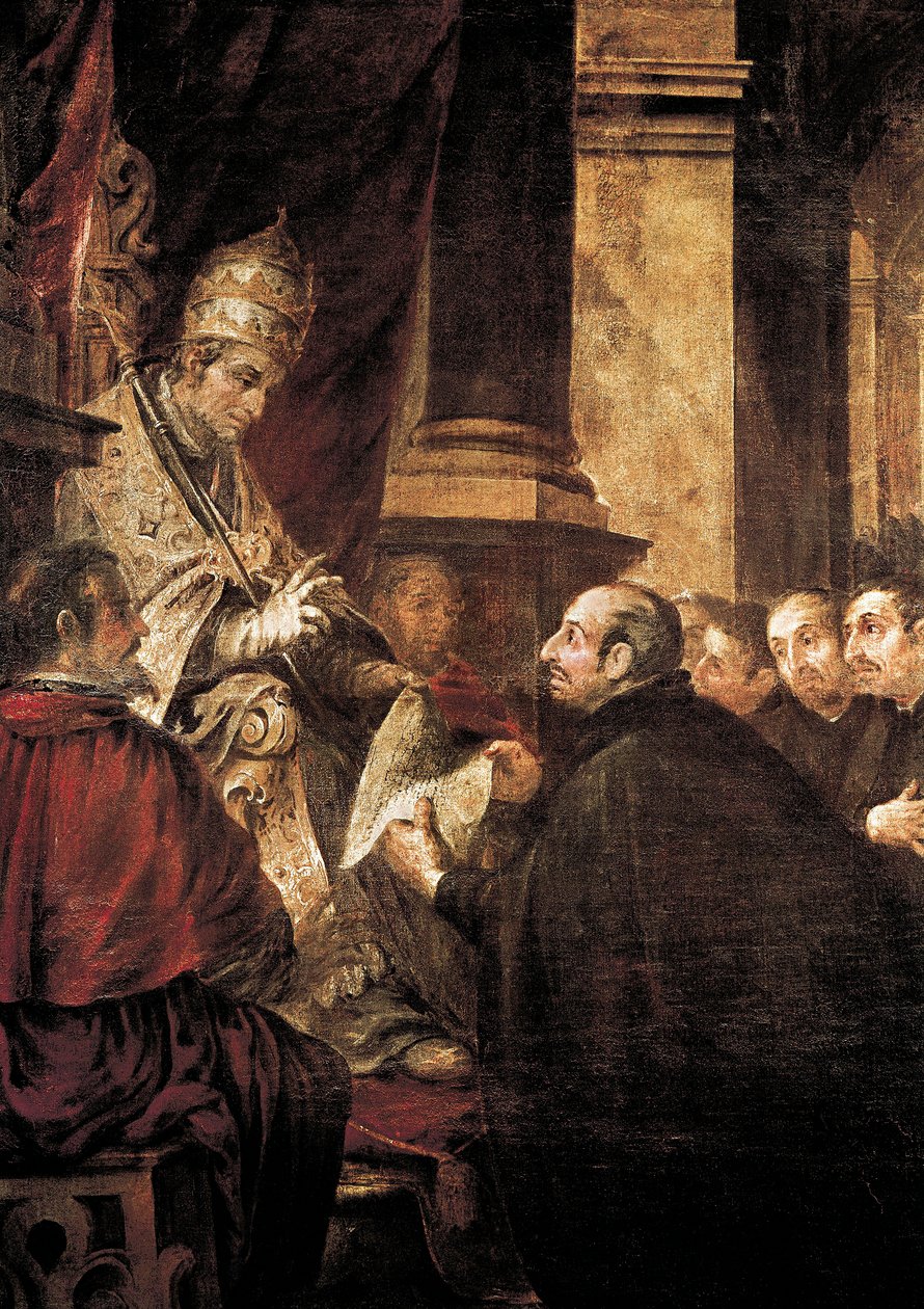 Den helige Ignatius av Loyola tar emot tjuren av jesuitorden från påven Paul III, målning av Juan de Valdes Leal av Juan de Valdes Leal